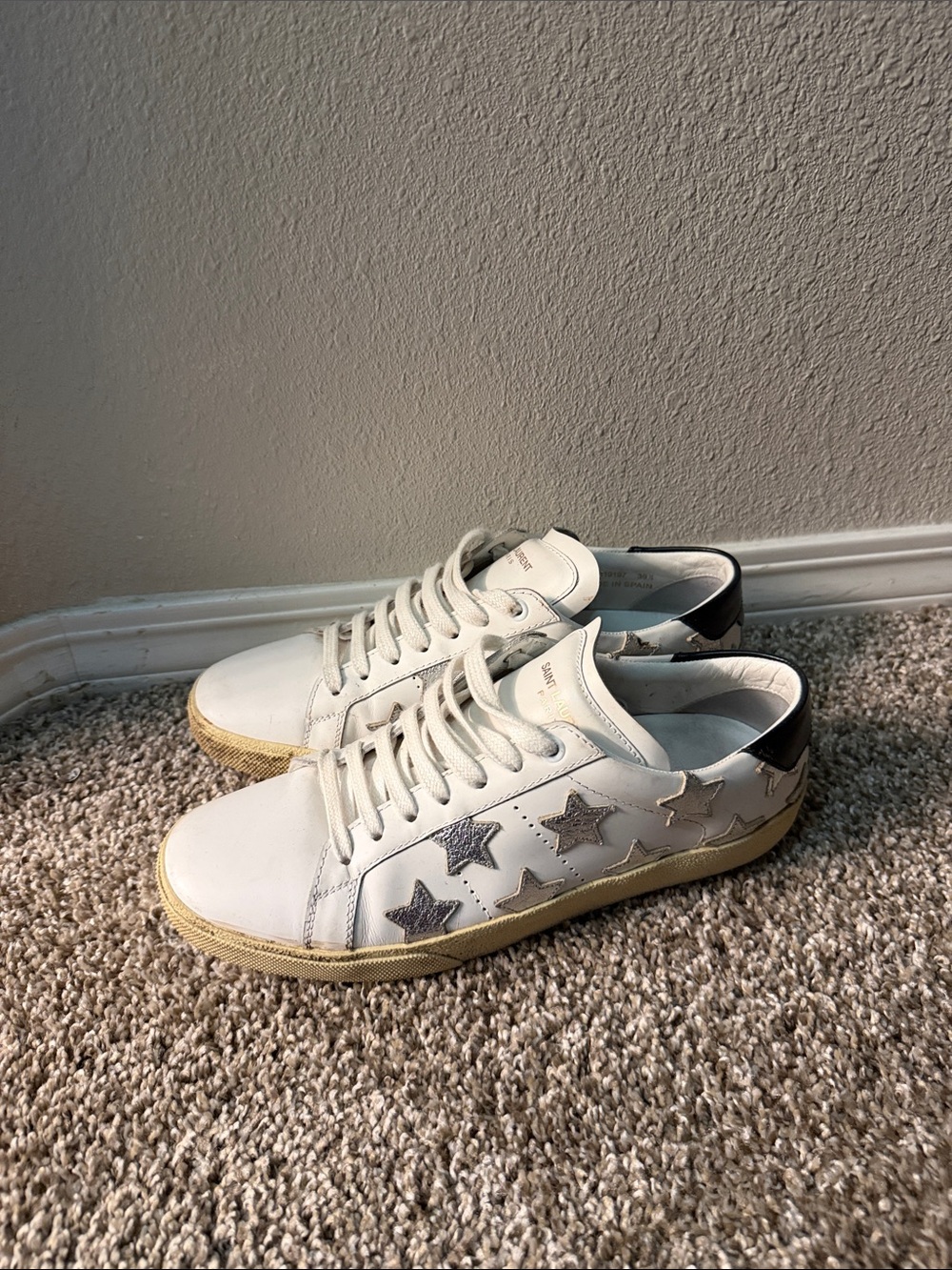 Saint Laurent White Leather Sneakers with Metallic Star Accents